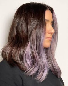 Medium Brown Hair with Purple Money Pieces Purple Money Piece, Purple Money, Purple Brown Hair, Money Piece Hair, Light Purple Hair, Trend Ideas, Medium Brown Hair, Hair Adviser