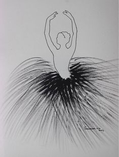 a black and white drawing of a ballerina with feathers on it's back