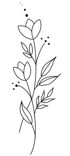 a line drawing of flowers with leaves on the stems and dots in the background, black and white