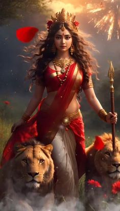 a woman dressed in red and gold holding a spear with two lions on the other side