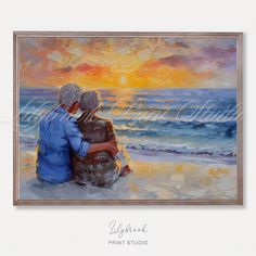 an oil painting of two people sitting on the beach watching the sun go down over the ocean