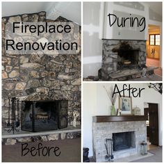 before and after pictures of a fireplace remodel