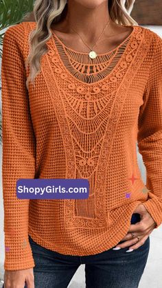 Lace Orange Round Neck Long Sleeve T Shirt Casual Long Sleeve Tops With Lace Patchwork, Bohemian Orange Patchwork Tops, Bohemian Long Sleeve Tops With Lace Patchwork, Bohemian Long Sleeve Top With Lace Patchwork, Orange Patchwork Crew Neck Top, Cotton Tops With Lace Patchwork For Fall, Cotton Lace Patchwork Tops For Fall, Fall Lace Patchwork Cotton Tops, Fall Cotton Top With Lace Patchwork