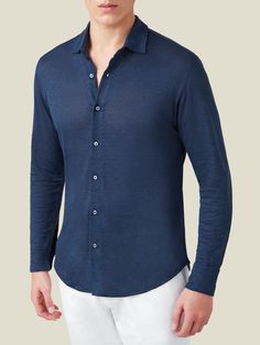 Crafted in Brescia, in Northern Italy, from one of the world’s finest linen jerseys, this shirt is designed to be the casual and relaxed counterpart to our signature classic linen shirt, the [b][u][url="/shop/portofino-linen-shirts" title="Portofino"]Portofino[/url][/u][/b]. Our linen jersey is meticulously knitted resulting in a natural stretch for comfort and ease of wear, giving a more laid-back look and feel, perfect for your off-duty style.    Our linen jersey shirt provides an incredibly a Italy Luca, Navy Blue Linen, Linen Shirts, Italian Men, Linen Shirt Men, Business Style, Mens Linen, Fine Linen, Northern Italy