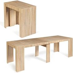 two wooden tables sitting next to each other