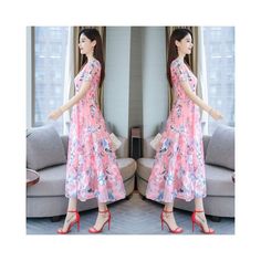 Description: Types: Dress Material: polyester fiber (polyester) Washing: Hand wash, Do not bleach, Line dry in the shade, Do not iron Label: YesMain fabric ingredients: polyester fiber (polyester) Process: dyeing Neck type: round collar Color: pink, light blue Skirt length: long skirt Lining ingredients: polyester fiber (polyester) Sleeve length: short sleeve Skirt type: A-shaped skirt Applicable age: adult Popular elements: printing Waist type: loose waist Garment placket: pullover Size: Length Pink A-line Maxi Dress For Spring, Pink Midi Chiffon Dress For Summer, Pink A-line Maxi Dress With Floral Print, Spring Chiffon Beach Dress, Spring Floral Print Chiffon Dress, Summer Floral Print A-line Chiffon Dress, Fitted Floral Print Chiffon Dress For Summer, Pink Casual Chiffon Dress For Spring, Casual Pink Chiffon Dress For Spring