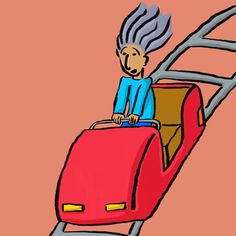 a drawing of a man riding on top of a red luggage cart