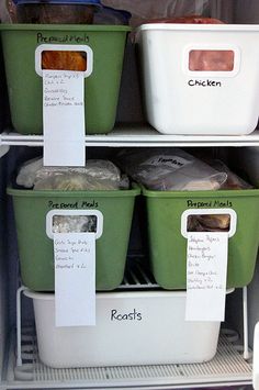 the refrigerator is stocked with several different types of food in containers and labeled on labels