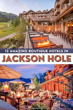 an outdoor restaurant with tables and umbrellas in front of the lodge at jackson hole