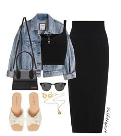 Black Knit Skirt Outfit Summer, Tops For Black Skirt, Off White Sandals Outfit, Outfit With A Black Skirt, Black Dress And Denim Jacket Outfit, Fits For Club, Outfits With Long Black Skirts Summer, How To Style A Long Black Skirt Summer, Long Black Fitted Skirt Outfits