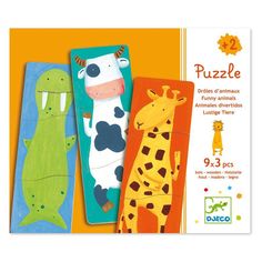 three children's puzzles with different animals on them, one in the shape of a giraffe