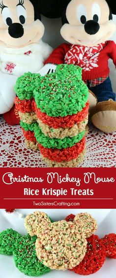 mickey mouse rice krispy treats are stacked on top of each other with the words, christmas mickey mouse rice krispie treats