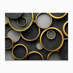 an abstract painting with gold and black circles