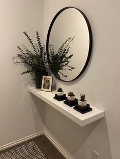 there is a mirror and some plants on the shelf