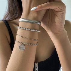 Geometric Elegance: Silver Bracelet Set-Fashion Bracelets & Bangles-StylinArts Affordable Trendy Silver Chain Bracelet, Station Bracelet, Bracelet Set Silver, Snake Chain Bracelets, Bangles Style, Chain Links, Bracelet Clasps, Chic Accessories, Beaded Stretch Bracelet