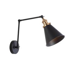 a black and gold wall light with an arm on the left side, against a white background