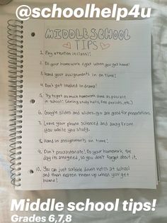 a notebook with the words middle school tips written on it