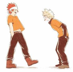 two anime characters one with red hair and the other with black pants, are facing each other