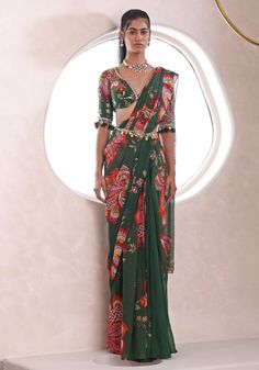 Emerald Green Floral Printed Pre-Draped Saree Mahima Mahajan - Fabilicious Fashion Mahima Mahajan, Blouse With Belt, Lehenga Style Saree, Indian Bridesmaid Dresses, Cut Blouse, Lehenga Style, Garden Pattern, Drape Saree, Ready To Wear Saree