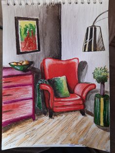 a drawing of a red chair in a living room