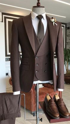 Collection: BespokeDaily Autumn – Winter 2021/22  Product: Slim-Fit 3 Piece Suit  Color Code: Coffee  Size: EU46/US36 S | EU48/US38 S | EU50/US40 S | EU52/US42 S | EU54/US44 S | EU56/US46 S | EU58/US48 S  Suit Material: 49% polyester, 49% Viscose, 2% Elestan  Drop: 6  Cutting: Italian  Button: One Button  Vents: Double Vent  Machine Washable: No  Fitting: Slim-fit  Package Include: Jacket, Vest and Pants Brown Suits For Men, Dinner Suit, Slim Fit Blazer, Business Suits