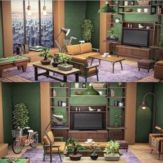 two pictures of a living room with green walls and furniture