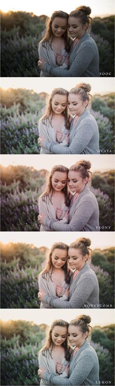 two women hugging each other in the middle of a field with purple flowers on it