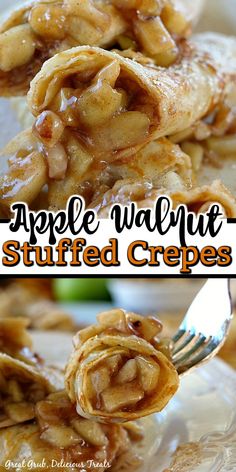 apple walnut stuffed crepes on a plate with a fork