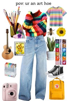 a cute outfit for an art hoe aesthetic. perfect for any girl. click links below to be ultimate art hoe Jeans: https://amzn.to/4eeqIPX Sweater: https://amzn.to/45nqtxO Shirt: https://amzn.to/4em2LWF Shoes: https://amzn.to/3RlMW8L Backpack: https://amzn.to/4bVXUK9 Markers: https://amzn.to/3Rs1gwl Camera: https://amzn.to/4cfgEEk Brushes: https://amzn.to/4c3KiwQ Guitar: https://amzn.to/4cgteDp Indiekid Aesthetic Outfits, Artisan Aesthetic Outfit, Artist Style Clothing Outfit, Outfits For Creatives, Artistic Look Outfit, Artsy School Outfit, Comfy Artsy Outfits, Art Ho Outfit, Artist Fashion Aesthetic