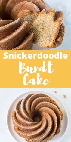 a bundt cake on a white plate with the words, snickkerdoodle bundt cake