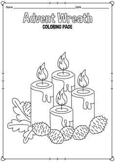 an adult coloring page with three candles and pine cones on the bottom, in black and white