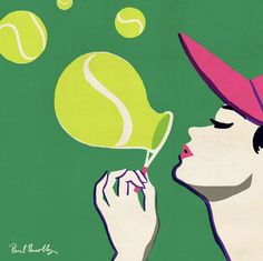 a woman blowing on a tennis ball with green background