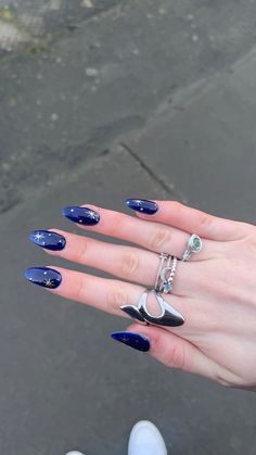 #bluenails#stars#almondnails #summernails Navy Blue Swirl Nails, Royal Blue Nails With Stars, Taylor Swift Nail Ideas Midnights, Dark Blue Celestial Nails, Blue Nails With Silver Stars, Easy Star Nails, Nail Inspo With Stars, Midnight Sky Nails, Navy Nails With Stars