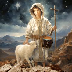 a painting of a person holding a drum and standing next to a sheep on rocks