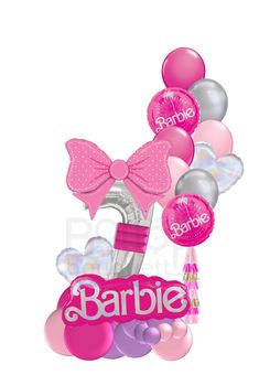 the balloon bouquet is filled with pink and silver balloons, including a baby's rattler