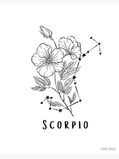 a black and white drawing of flowers with the word scorpio on it