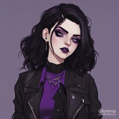 a drawing of a woman with black hair and purple eyeshades wearing a leather jacket