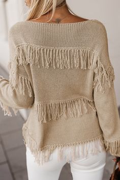 Embrace the boho trend with this chic sweater The unique tassel design makes you look elegant and charming The solid-color design is simple and never out of style Shorts For Work, Khaki Sweater, Lisa Fischer, Boho Trends, Chic Sweater, Mode Boho, Boho Fringe, Khaki Fashion, Estilo Chic