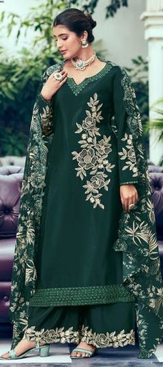 Green color Salwar Kameez in Silk fabric with Embroidered, Thread work Anarkali Lehenga Gowns, Anarkali Suits Designer, Salwar Suits Party Wear, Readymade Salwar Kameez, Bollywood Lehenga, Palazzo Suit, Plus Size Gowns, Designer Salwar Suits, Salwar Kameez Designs