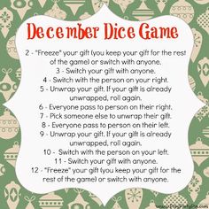 a christmas gift guide with the words, december dice game and instructions for each item