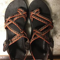 Brand New Size 7 Orange And Brown Printed Chacos. Double Strap Style. Never Worn. Brown Soles. Orange Sandals For Spring Outdoor Wear, Orange Sandals For Spring Outdoor Activities, Orange Sandals For Spring Outdoor, Spring Outdoor Orange Sandals, Orange Open Toe Sandals For Outdoor, Chocos Shoes, Womens Chacos, Chaco Shoes, Sport Style