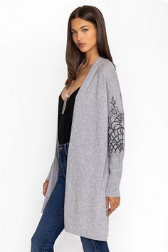 Crafted from a cozy wool and cashmere blend, the Relaxed Cardigan adds a layer of warmth and elegance to your look. Featuring a rounded neckline with an open front and long sleeves, this knee-length cardigan is finished with intricate embroidered detailing. Layer over a fitted tank and leggings for a sleek silhouette. Johnny Was Women's The Relaxed Cardigan in Grey, Size XS, Cashmere Fall Cashmere Jacquard Knit Outerwear, Long Sleeve Cashmere Outerwear With Jacquard Knit, Long Sleeve Cashmere Jacquard Knit Outerwear, Cashmere Long Sleeve Jacquard Knit Outerwear, Winter Cashmere Fine Knit Cardigan, Winter Fine Knit Cashmere Cardigan, Chic Cashmere Sweater Coat For Layering, Jacquard Knit Cardigan For Layering, Fall Jacquard Knit Cardigan For Layering