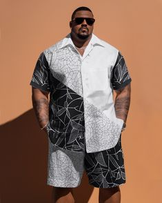 Designed with a color-block pattern and leaf vein prints, this black set brings a retro vibe with modern simplicity. Offering both style and comfort, its loose fit caters perfectly to plus-size men, making it an excellent choice for summer. Its sleek design adds a touch of sophistication to your wardrobe. Type: Short-Sleeved Shirt Shorts Set Design: Color Block, Splicing Style, Print, Leaf Vein, Black, White Style: Modern Fit: Loose Neckline: Lapel Sleeve Length: Short Sleeve Occasion: Causal, B Short Sleeve Patchwork Shirt For Work, Workwear Short Sleeve Patchwork Shirt, Black Patchwork Shirt For Work, Black Shirt With Geometric Pattern For Spring, Fitted Collared Shirt With Patchwork, Summer Patchwork Shirt For Workwear, Summer Patchwork Shirt For Work, Summer Patchwork Workwear Shirt, White Collared Shirt With Geometric Pattern