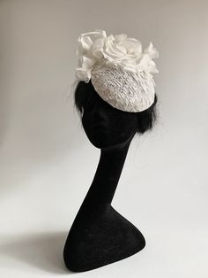 This is the first time in my life I have seen pleaded lace It so beautiful I had to make a hat with it! Two layers of sinamay make the strong but lightweight base for this percher hat than I covered in with this super nice lace. Lace Wedding Hat, White Sinamay Fascinator For Wedding, Sinamay Headpiece With Structured Crown For Wedding, White Sinamay Wedding Fascinator, Wedding Headpiece With Structured Crown In Sinamay, White Hats With Handmade Flowers, Sinamay Hat With Structured Crown For Wedding, Fitted Wedding Hat With Handmade Flowers, Wedding Hat With Structured Crown In Sinamay