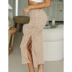 Apricot Knitted Pleated Split Bodycon Skirt Spring Ribbed Beige Skirt, Casual High-waist Beige Pencil Skirt, Casual High Waist Beige Pencil Skirt, Casual Stretch Beige Pencil Skirt, Casual Beige Stretch Pencil Skirt, Casual Ribbed Summer Skirt, Fitted Beige Skirt For Brunch, Casual Beige Ribbed Skirt, Beige Knee-length Casual Pencil Skirt