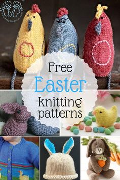 knitted easter sweaters and hats with the words free knitting patterns on them in different colors