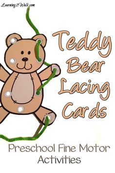 a teddy bear holding onto a string with the words teddy bear lacing cards