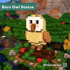 an image of a bird in the middle of some trees and bushes with text that reads barn owl statue