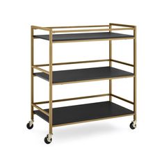 a gold and black shelf with three shelves on wheels, against a white background that has no one in it