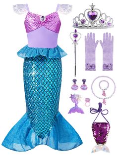 Kids Princess Costume, Purple Toddler Dress, Toddler Pretend Play, Kids Dress Up Costumes, Real Fish, Girls Princess Dress, Baby Costumes Girl, Bag Necklace, Halloween Party Gifts